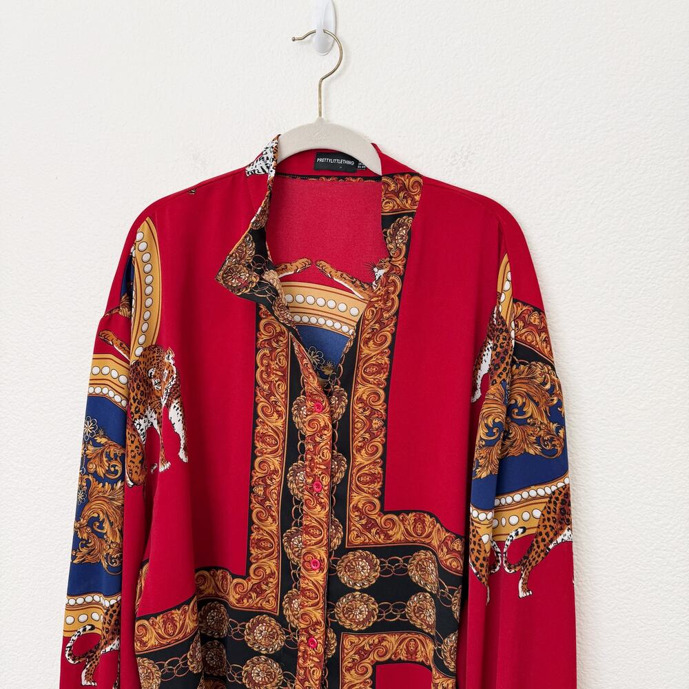 [PrettyLittleThing] Red Baroque Scarf Print Oversized Button Down Shirt Size XL - Picture 3 of 10